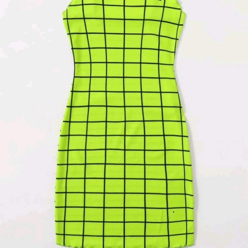 Neon Lime Trim Grid Bodycon Dress